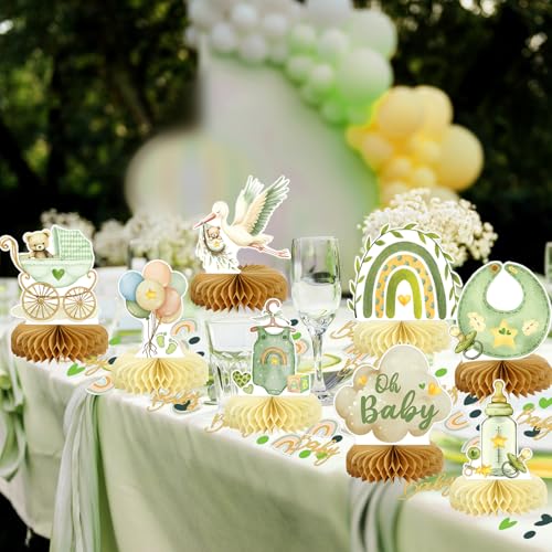 Image of 8Pcs Bear Baby Shower Decorations Honeycomb Centerpieces for Boy, Confetti Baby Shower Table Decorations Birthday Party Table Centerpieces Toppers Party Decor (Green)