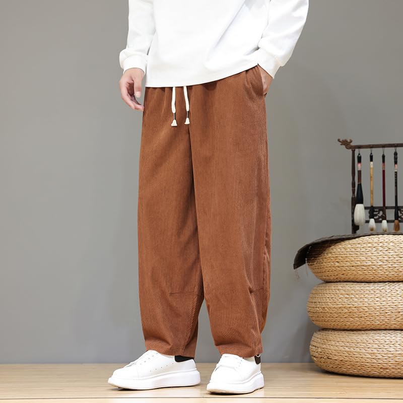 Autumn Winter Chinese Style Retro Corduroy Straight-Leg Pants, Elastic Waist, Casual Big Tall2