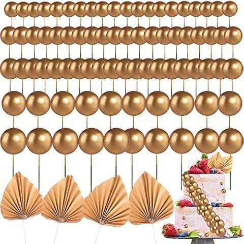 84 Pcs Balls Cake Topper, Foam Round Ball Paper Palm Fan Cake Picks Mini Balloon Cupcake Topper DIY Cake Insert Topper for Birthday Baby Shower Wedding Party Cake Decoration Mixed Size - Gold Cover