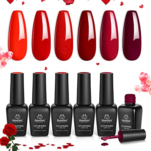 Beetles Red Gel Nail Polish Set - 6 Colors Bloody Mary Collection Popular Shimmer Red Burgundy Gel Polish Kit Holiday Nail Art Design, Soak Off LED Gel Nail Kit Minicure DIY Home