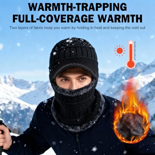 TAGVO Winter Unisex Knitted Balaclava Face Mask Cover Thick Warm Fleece Lining Beanies Hat Elastic Neck Warmer, Windproof Thermal Skiing Mask for Adults Outdoor Sports A-Black