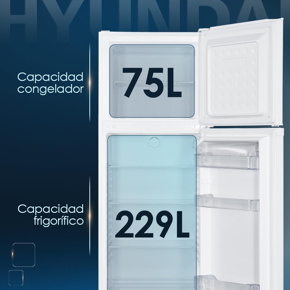 HYUNDAI Frigorífico Blanco, 2 Puertas, HFG17260VEW00, Capacidad 304 Litros, Tecnología Cíclica Ventilada, 40 dB, Puerta Reversible, Apertura Tipo Uñero, Clasificación Energética E
