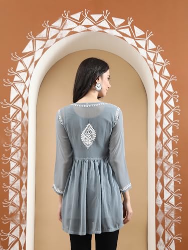 Image of Seva Chikan Hand Embroidered Lucknowi Chikankari Angarkha Georgette Top with Slip for Women SCL4041