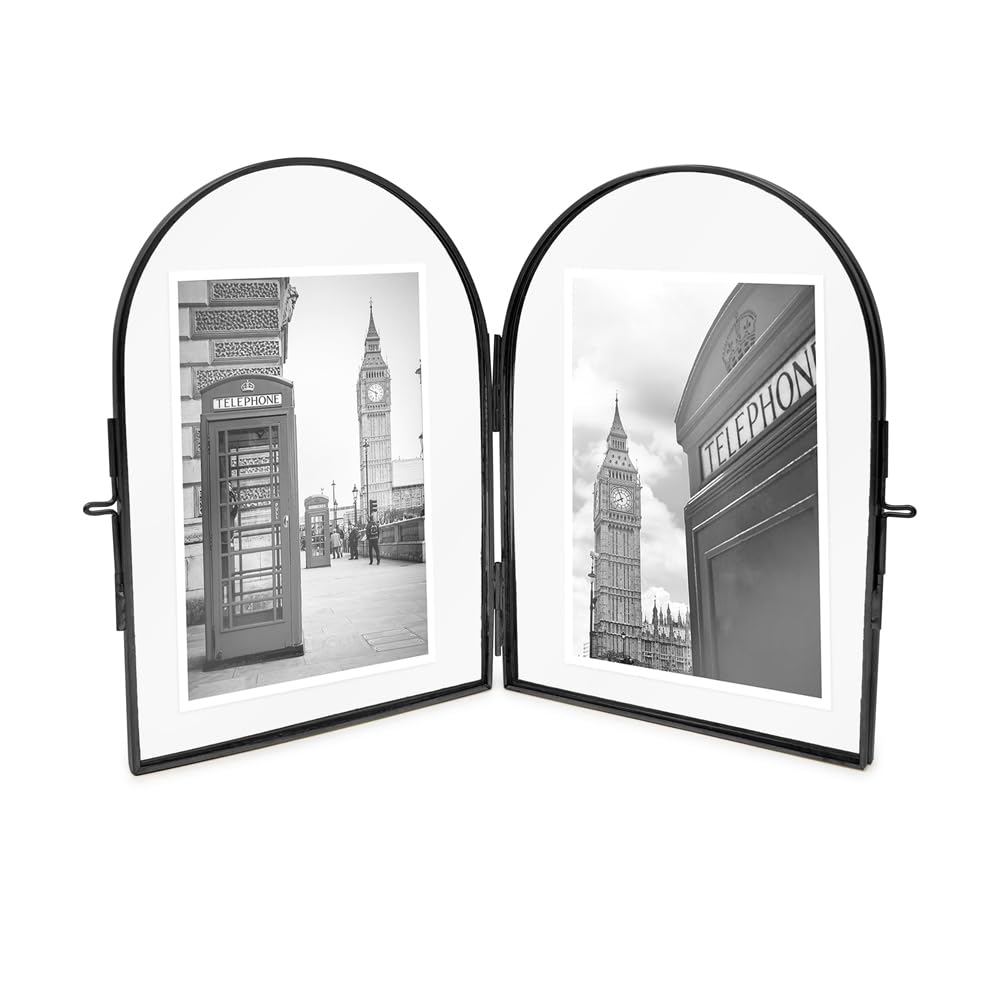 Isaac Jacobs 4x6 Vintage Style, Double-Sided Arched Brass & Glass Metal Floating Picture Frame with Locket Closure (Vertical), Made for Tabletop Display (4x6 Vertical, Black)