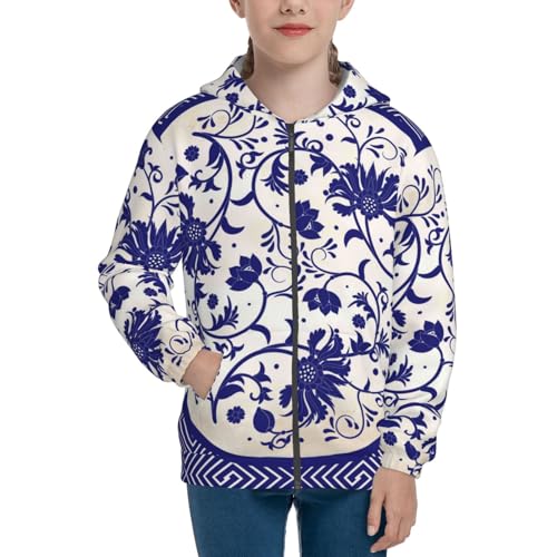 Blue And White Porcelain Pattern Kids Pullover Hoodies Boys Zip Up Sweatshirts Girls Athletic Clothes with Pocket3