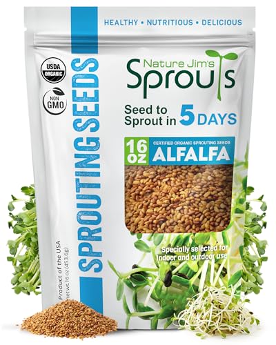 Nature Jims Sprouts Alfalfa Seeds – Non-GMO Organic Sprout Growing Kit for Planting – Premium Resealable Bag for Fresh Homegrown Sprouting Seeds – Rich in Nutrients, Vitamins, Fiber & Minerals – 16oz