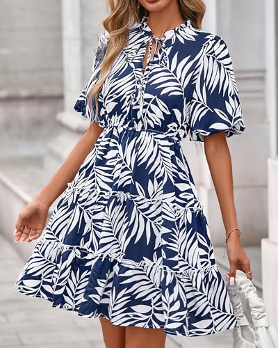 Image of BTFBM Women Summer Floral Short Dresses V Neck Short Sleeve Tiered Ruffle Boho Swing Dress A-Line Mini Dresses