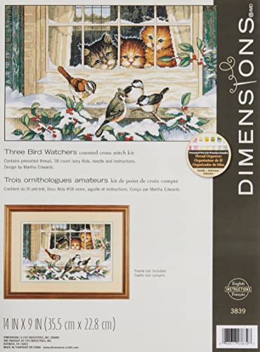 Image of Dimensions Counted Cross Stitch Kit 'Three Kitten Bird Watchers', Ivory Aida, 14'' W x 9'' H, 18 Count