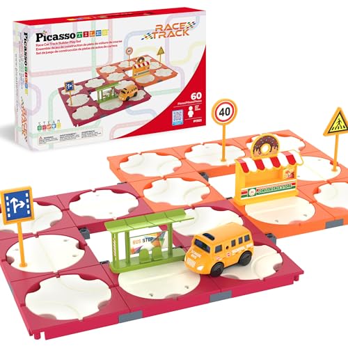 Image of PicassoTiles 60pc Race Car Track Builder Set Rotating Reversible Racetracks with School Bus Toy Vehicle and Accessories STEM Learning Construction Building Playset for Toddler Boys Girls Ages 3+ PTR21