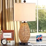 CINSARY Touch Control Rattan Table Lamp, 3 Way Dimmable Bedside Lamp for Bedroom with 2 USB Ports and AC Outlet, Wicker Nightstand Lamps for Living Room(LED Bulb Included), Rattan-1PK