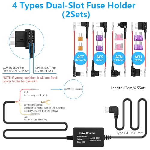 GINTOOYUN 3.3m/10.82in Car Recorder Hardwired Kit USB C Port Type-C USB Hard Wired with Fuse 12V-24V to 5V for Driving Recorder, GPS Power Supply, Radar Detector, etc
