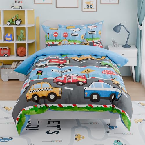 Image of Transportation Kids Bedding Set for Boys, Ultra Soft Microfiber Comforter Set Twin Size with 3-Pieces, Comforters Bed Sets for Boy Children Kids