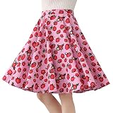 Women 50s Vintage Strawberry Print A Line Midi Skirt Cocktail Party High Waist Pleated Skirt Retro 1950s Audrey Hepburn 50's Rockabilly Swing Skirts Knee Length Skater Flared Skirt Rose-Strawberry L