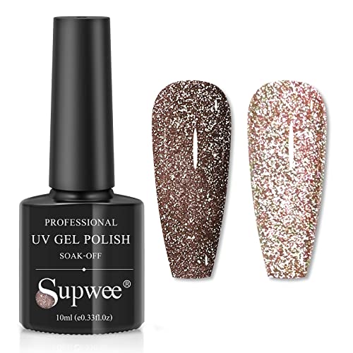 Supwee Reflektierender Glitzer-Gel-Nagellack, Brauner Glitzer holografischer Glanz Diamant-Gel-Nagellack Reflective Glitter Effekt Soak-Off-UV-Gel 10 ml (0,33 FL OZ) Cover