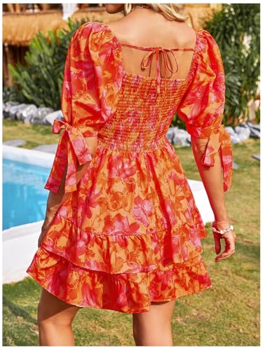 Image of Floerns Women's Floral Print Puff Sleeve Square Neck Tiered Layer Shirred Dresses