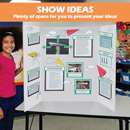 4 Pcs Trifold Display Board 36\"x 48\" Large White Presentation Board with Board Headers 4 Science Subtitles 32 Black Edge Self Adhesive Paper Poster Board for School Projects and Business Presentations