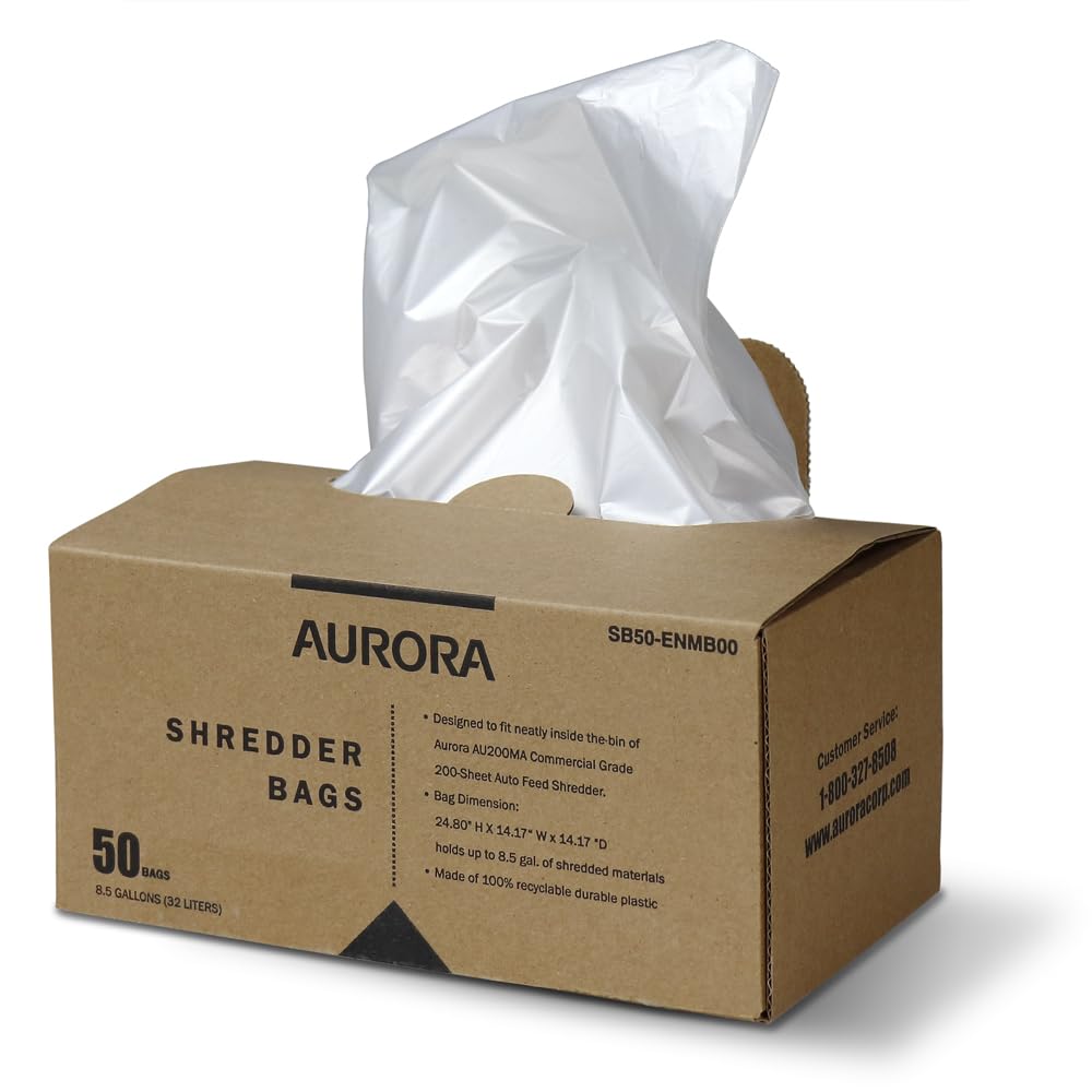 Aurora SB50 Shredder Bags, Design for Aurora AU200MA and AU220MB auto feed shredders, Hold up to 8.5 Gallon of shredded materials, 1 Roll of 50 Bags