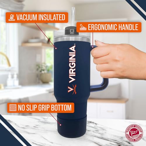 Image of Campus Colors College & University 40 oz Travel Tumbler With Handle - Dual Option Lid With Straw - Vacuum Insulated Stainless Steel (Virginia Cavaliers - Navy)
