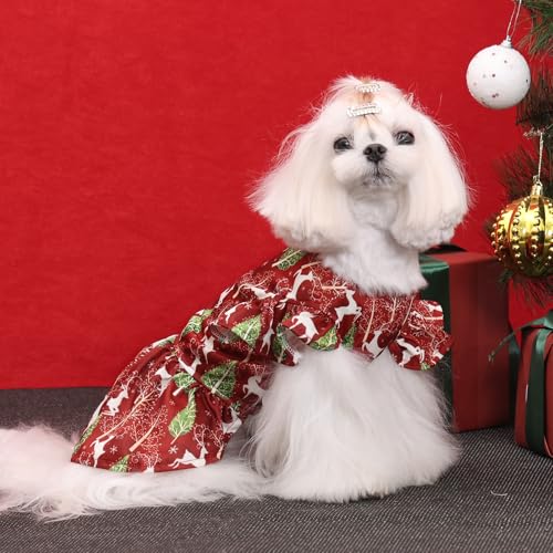 Image of CuteBone Frilly Dog Dress Princess Puppy Christmas Dresses with Ruffled Sleeves Cat Clothes Outfit for Small Dogs Girl Pet Apparel
