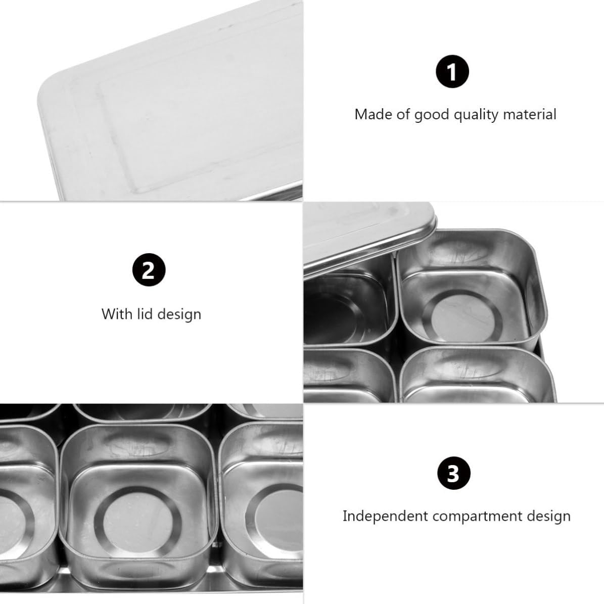 WOONEKY Spice Box with Lid, 6 Compartments Stainless Steel Kitchen Storage