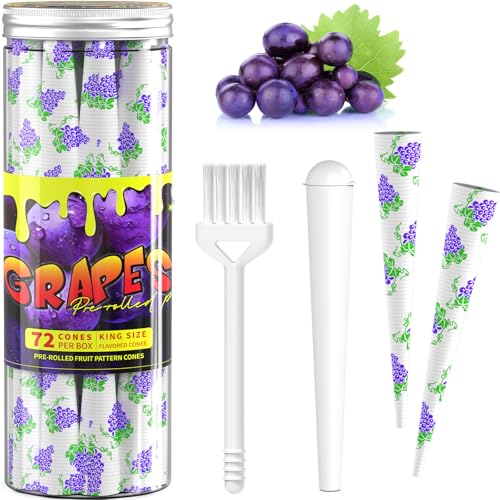 SafeDelux 72 Pack Fruit Flavored Cones Paper King Size with Airtight Tube Great for Home & Travel (Grape)