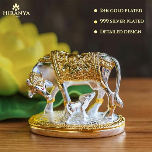 Image of 24k Gold & 999 Pure Silver Plated Kamdhenu Cow with Calf | Attracts Prosperity | Vastu Gift Wedding Housewarming | Certificate of Authenticity | Luxury Gift Box Included (Gold & Silver, 2.5 Inch)