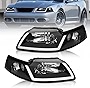 ADCARLIGHTS for 1999-2004 Mustang Headlight Assembly with LED bar compatible with 1999-2004 Ford Mustang V6 GT SVT Cobra Clear Lens Black Housing Clear Reflector Headlamp Replacement LH+RH