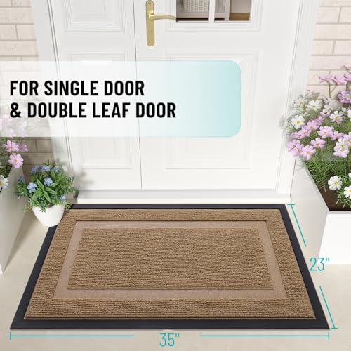 Image of OLANLY Front Door Mat Indoor Outdoor Entrance, Waterproof All-Season, All-Weather Doormat, Sturdy Natural Rubber, Fade Resistant, Low Profile, Easy Clean Patio Porch Entryway Mat, 35x23, Light Borwn