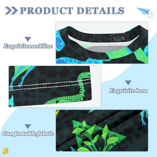 Roaring T-rex Pterosaur Ankylosaurus Black Fluorescent Green Short Sleeve Girls Bathing Suit Girls Swimsuit Rashguard Rash Guard Boys for 3-12 Years Traje de Banos para ninas3