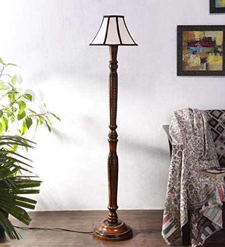 Image of Devansh Cotton Drum Designer Fashionable Wooden Carving Floor Lamp for Home Decor (Off White& Brown, Medium)