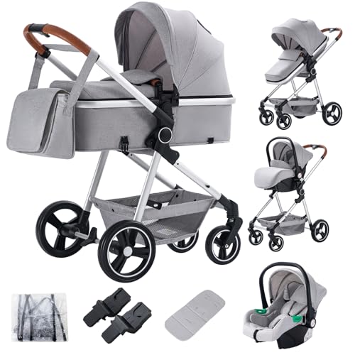 Zkiprm 3-in-1-Kinderwagen, tragbar, mit Autositz, 3 Modi, umwandelbar, Gestell aus hochwertigem Aluminium, hohe Sicht, leichter Kinderwagen