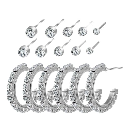 Xerling Rhinestone Stud Earrings Set for Women Multiple Piercings Small Huggie Hoop Silver Earrings Dainty Open Earrings Ear Cuff for Girls 8 Pairs