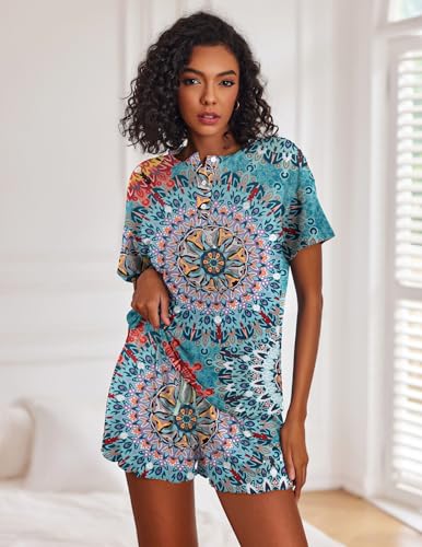 Image of Ekouaer Pajamas Set for Women Short Sleeve Lounge Set 2 Piece Loungewear PJs Soft Cute Lightweight Sleepwear