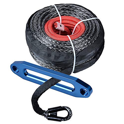 amopacorp 95 feet 3/8 inch 20500lbs Synthetic Winch Rope with Protective Sleeve and 10 inch CNC Machine Aluminum Anodized Blue Hawse Fairlead