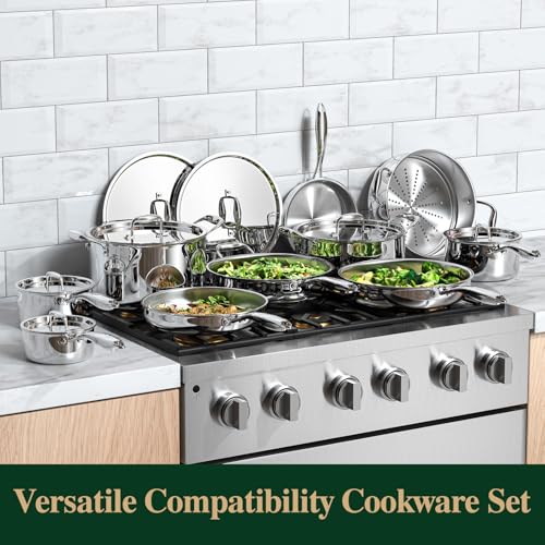 Image of Umite Chef 17Pcs 5 Ply Clad Stainless Steel Cookware Set with Lids, Heavy Duty Pots and Pans Kitchen Set, Induction-Ready, Dual Aluminum Core for Even Heat, Cool Grip Handles, Dishwasher Safe