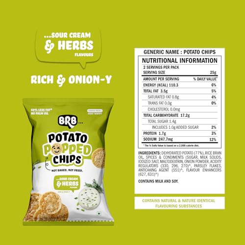 Image of BRB Potato Popped Chips | Sour Cream and Herbs Flavour | Not Fried. Not Baked | 60% Less Oil, Lower Calorie, No Palm Oil, Healthy Snack | 5 x (48g /51g) Combo Pack (weight may vary)