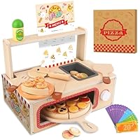 iLuckinSpri Wooden Pizza Toy Set for Kids, 68PCS Montessori Pretend Play Food Toys, Wooden Pizza Counter Playset with Bake Oven & Toy Dishes, Develop Imagination, for Boys & Girls Aged 3+