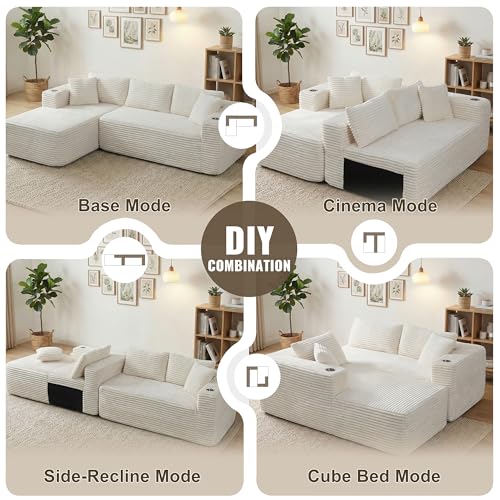 Image of Shintenchi Boneless Couches for Living Room,Modular Sectional Sofa with 2 Cup Holders,Memory Foam Cloud Couch with L Shaped Oversized Chaise,No Assembly Needed Plush Corduroy Sofa,White