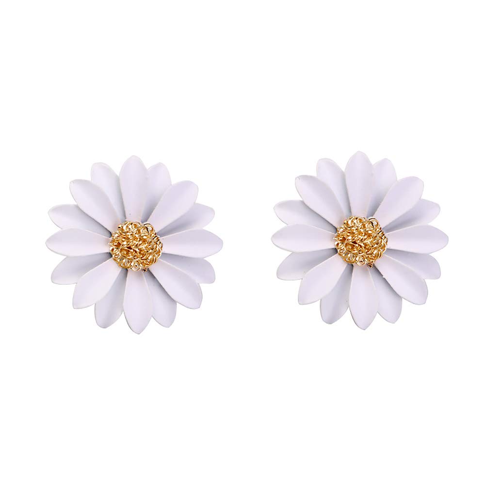HUJUONBohemia Metal Daisy Flowers Stud Earrings for Women Yellow White Chrysanthemum Sunflower Statement Earrings
