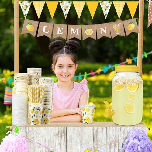 Image of Glitopper 204 Pcs Lemonade Stand Supplies Kids Include 1 Gallon Lemon Plastic Drink Dispenser Burlap Banner Lemonade Apron and 100 Paper Cups with Lids Straws for Summer Lemon Stand Birthday(Yellow)