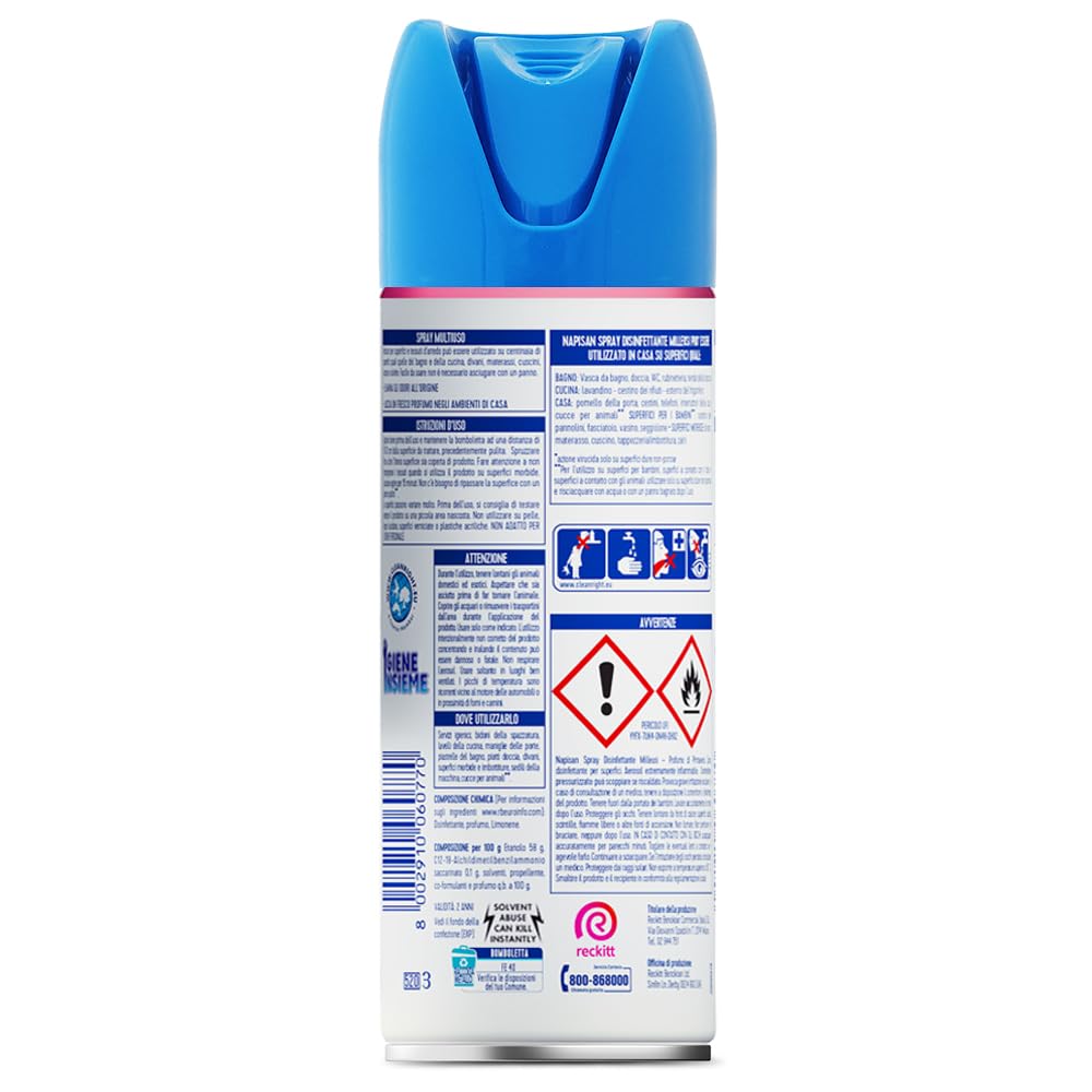 Napisan Spray Disinfettante Milleusi, Disinfettante Spray per Tessuti e Superfici, Fragranza Profumo di Primavera, 6 Spray da 400ml