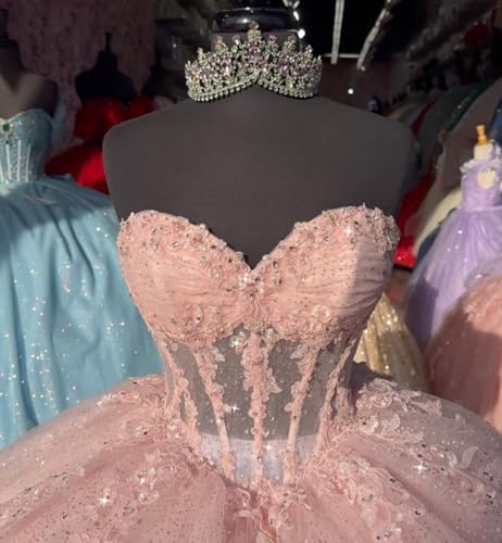 Sweetheart Lace Appliques Quinceanera Dresses with Train Glitter Diamonds Ball Gown Layered Princess XV Dress SK0024