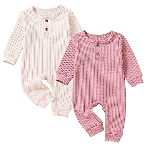 Image of Yookoom Baby Boys Girls 2 Pack Solid Romper Long Sleeve Knit Cotton Button One Piece Jumpsuit Outfits Clothes,Pink+Beige,0-3M