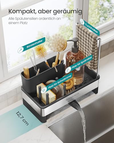 SONGMICS Spülbecken-Organizer, Küchen-Organizer mit Schwammhalter, Spüle Organizer, für Bürsten, Spülmittel, Spültuchhalter, Edelstahl, platzsparend, drehbarer Ablauf, tintenschwarz-silbern KCS555BH01 4