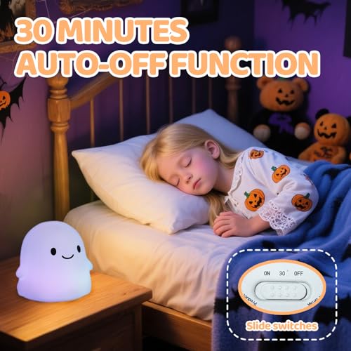 Image of Rytinazzz Halloween Ghost Night Light, Color-Changing & 50-Hour Battery, Spooky-Cute Squishy Lamp for Kids, USB Rechargeable with Timer, Halloween Decor & Gifts