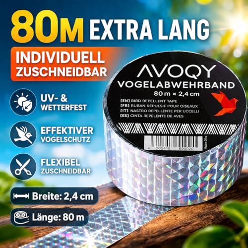 AVOQY Premium Vogelabwehr-Band Reflektierend [80m x 2,4cm], Reflektor-Band Vogel-Schreck Schutz Pflanze Obst-Bäume Frucht Blüte, Flatterband Taubenabwehr vertreiben Haus Garten Balkon, Vogelband