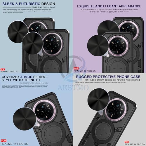 Image of AESTMO Armor Realme 14 Pro 5G Bumper Back Case Cover | Ring Holder & CD Pattern Sliding Camera Shutter Cover | Back Case Cover for Realme 14 Pro 5G (Black)