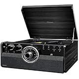 Raveo Vitrola Vanguard Ebony com Toca discos de 3 velocidades, Rádio FM, CD e Cassete players, USB (reproduz e grava), entrada e saída auxiliares e tecnologia de conexão Bluetooth, Grande