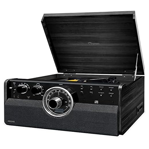 Raveo Vitrola Vanguard Ebony com Toca discos de 3 velocidades, Rádio FM, CD e Cassete players, USB (reproduz e grava), entrada e saída auxiliares e tecnologia de conexão Bluetooth, Grande