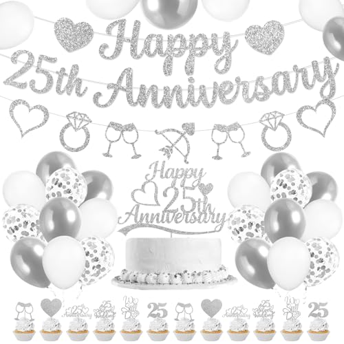 25th Anniversary Decorations with Silver Glitter Happy 25th Anniversary Banner Garland Cake Topper Cupcake Toppers Balloons for 25th Wedding 25 Year Anniversary Vow Renewal